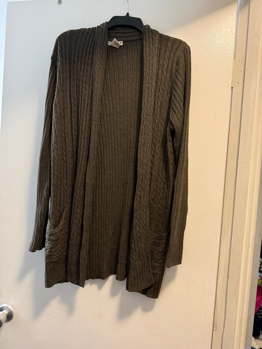 Ruff Hewn Olive Open-Front Cable Knit Cardigan